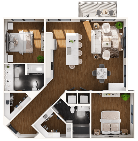 Floor plan for 2 beds, 2 baths, 1292 sqft